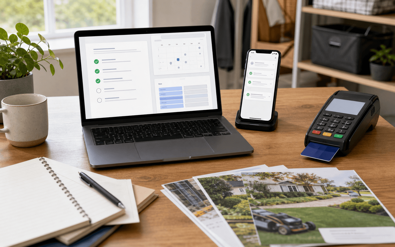 A small service business desk setup with a laptop, checklist, appointment notes, and payment tools.